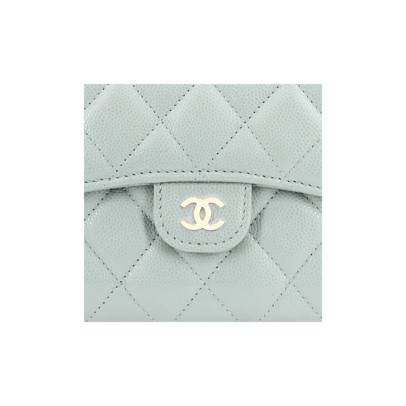 CHANEL Classic Flap CF Shiny Litchi Grain Cow Leather Wallet Trumpets Women's Gray Green-4