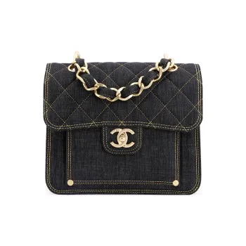 CHANEL Denim Messenger Bag Shoulder Bag Crossbody Bag Medium Size Women's Washable Denim Black Gray
