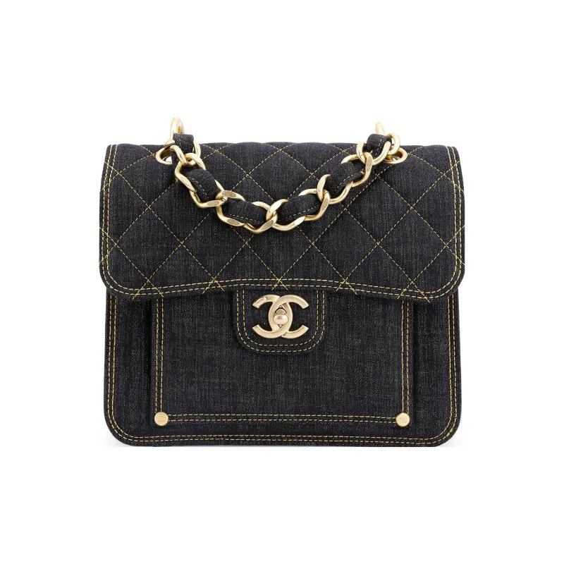 CHANEL Denim Messenger Bag Shoulder Bag Crossbody Bag Medium Size Women's Washable Denim Black Gray-0