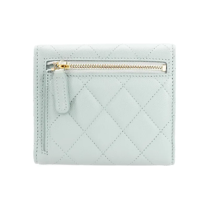 CHANEL Classic Flap CF Shiny Litchi Grain Cow Leather Wallet Trumpets Women's Gray Green-2