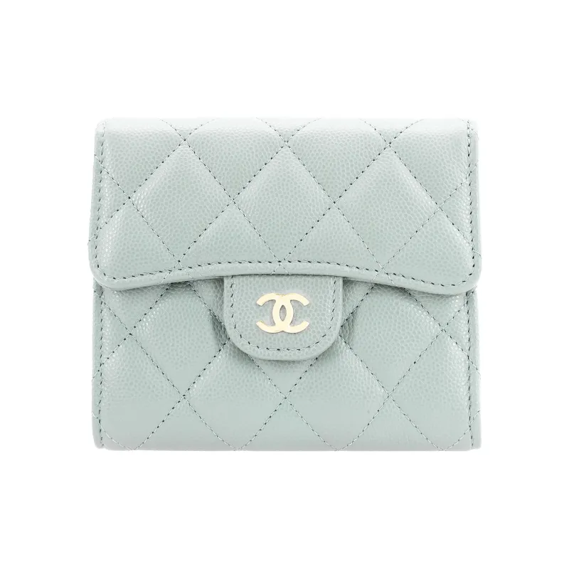 CHANEL Classic Flap CF Shiny Litchi Grain Cow Leather Wallet Trumpets Women's Gray Green-0