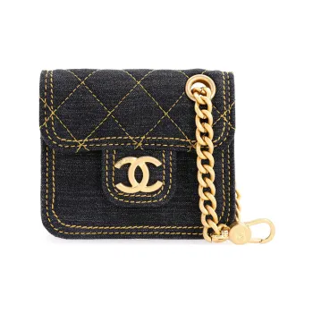 CHANEL Denim Earphone Case Charm Coin Purse Women's Black
