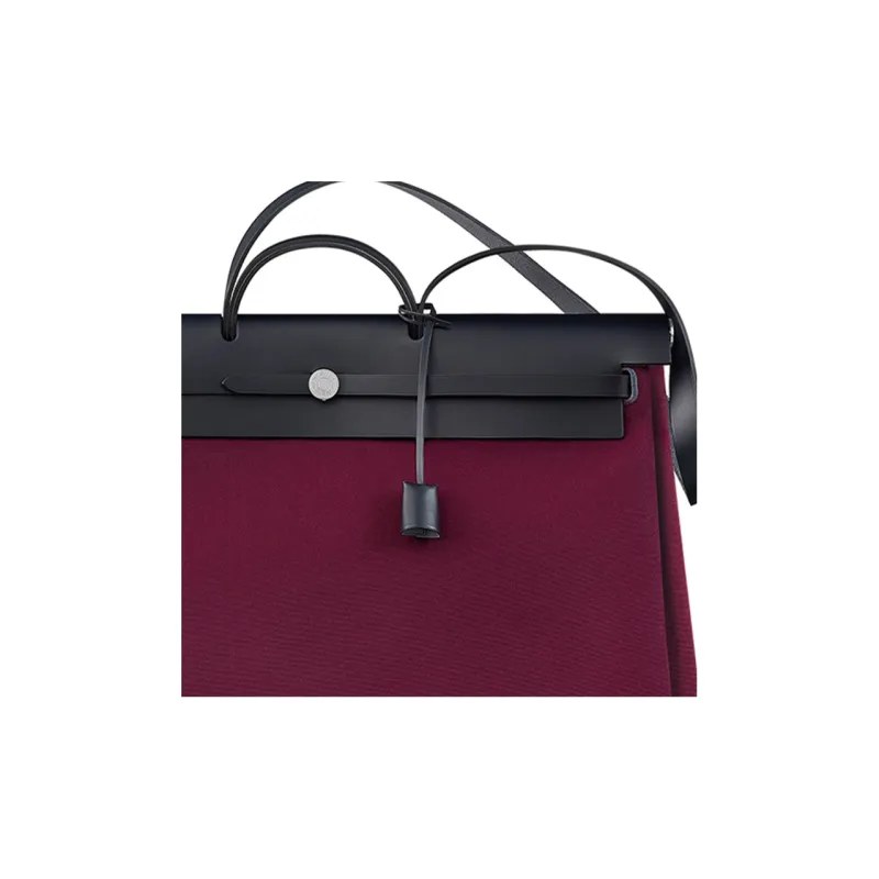 HERMES Officier Canvas With Hunter Cow Leather Travel Bag Handbag Shoulder Bag Crossbody Bag Women's Wine Red & Black-3