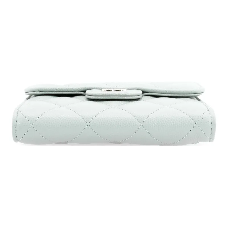 CHANEL Classic Flap CF Shiny Litchi Grain Cow Leather Wallet Trumpets Women's Gray Green-3