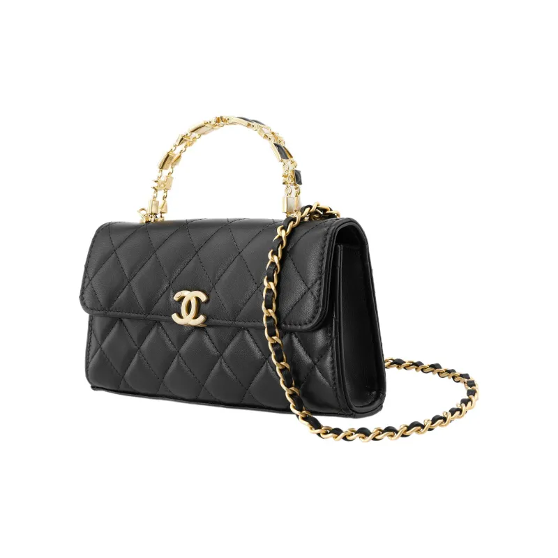 CHANEL Gold Metal With Lambskin Kelly Bag, Shoulder Bag, Crossbody Handbag Tubas Women's Black-1