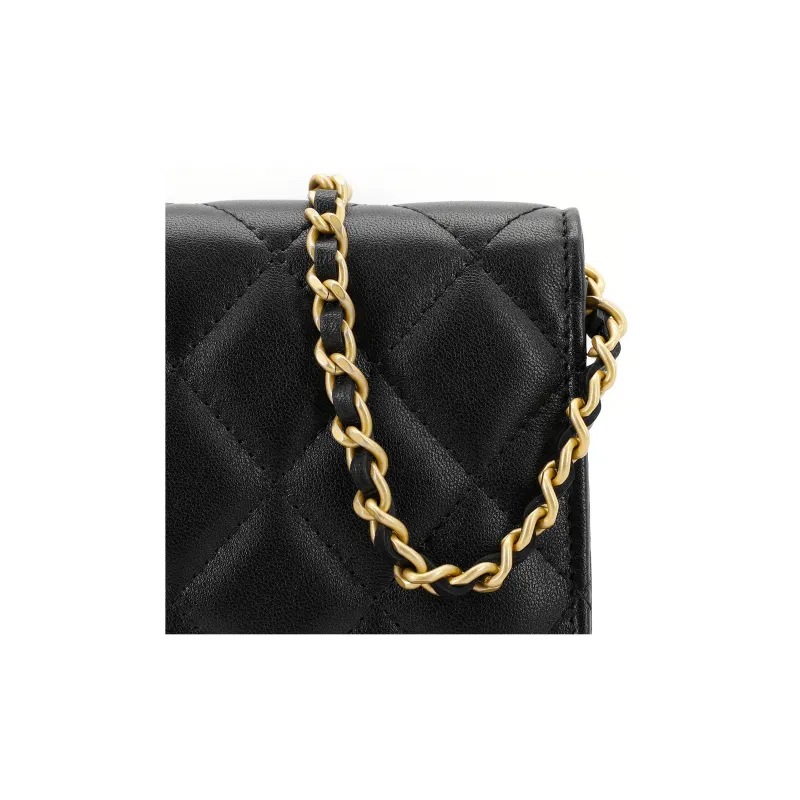 CHANEL Lambskin One Shoulder Handheld Crossbody Bag Women's Black-5