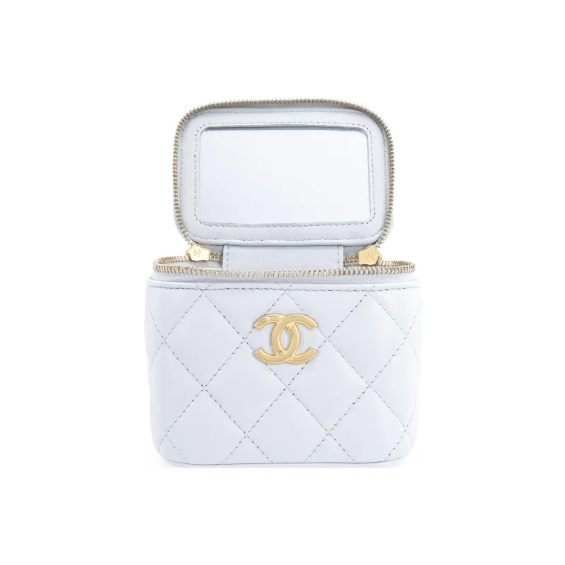 CHANEL Sheepskin Square Box Shoulder Bag, Crossbody Bag Trumpets Women's Light Gray Blue-4