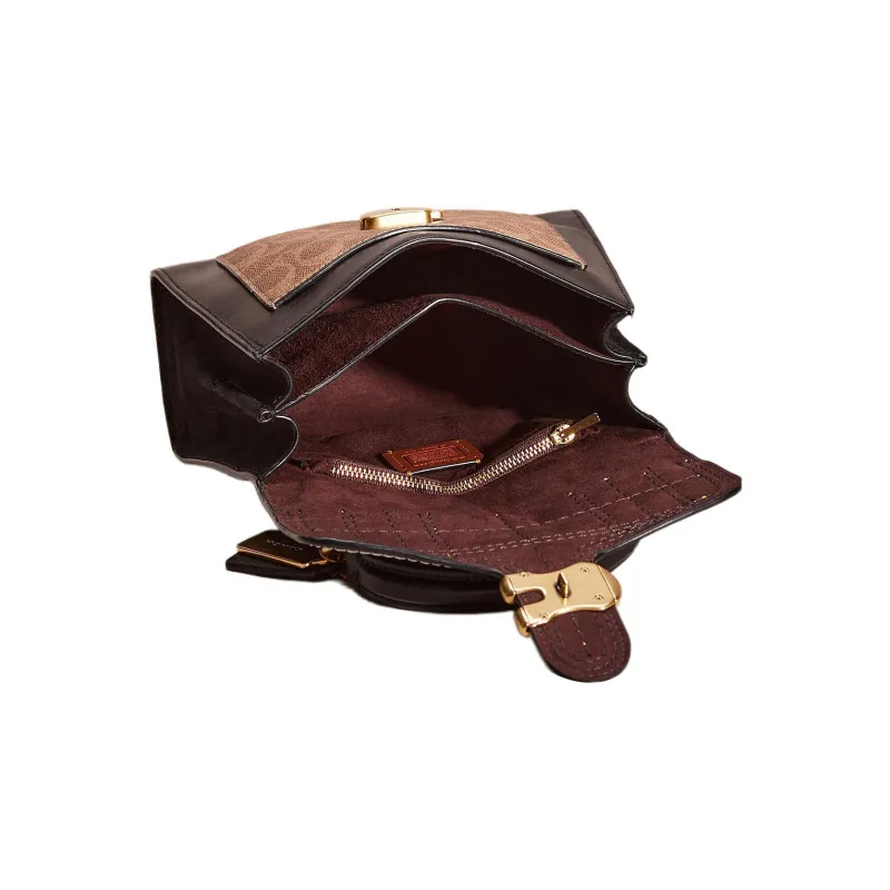COACH Suede With Canvas And Calfskin Handbag, Shoulder Bag, Crossbody Bag Trumpets Women's Black & Brown-2