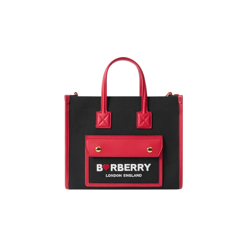 Burberry Freya Canvas With Leather Tote Bag Shopping Bag Handbag Mini Women's Black/Red-0