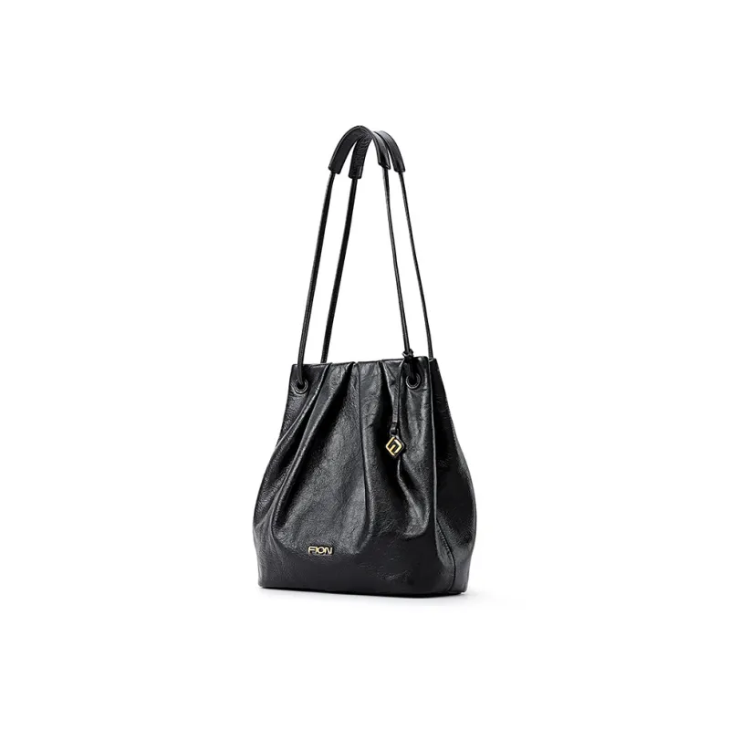 FION Cow Leather Genuine Leather Dome Bag Shoulder Bag Women's Black-1