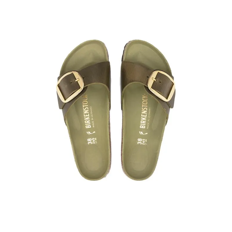 Birkenstock Madrid Big Buckle Natural Leather Oiled Narrow Fit Sandals 'Olive And Green'-3