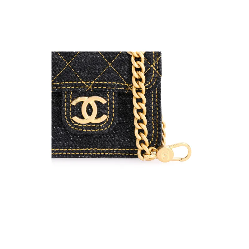 CHANEL Denim Earphone Case Charm Coin Purse Women's Black-4
