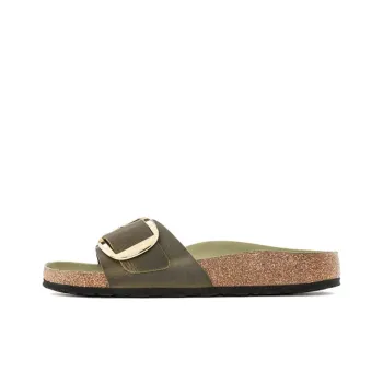 Birkenstock Madrid Big Buckle Natural Leather Oiled Narrow Fit Sandals 'Olive And Green'