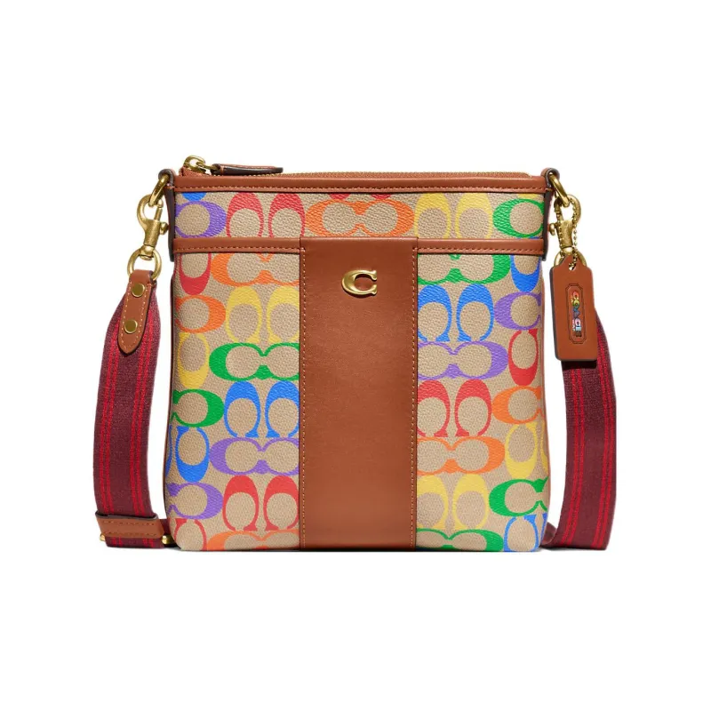 COACH Kitt Canvas With Leather Messenger Bag Shoulder Bag Crossbody Bag Women's Brown & Rainbow-0