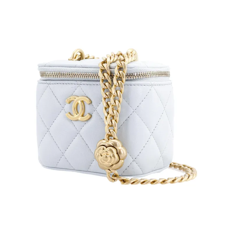 CHANEL Sheepskin Square Box Shoulder Bag, Crossbody Bag Trumpets Women's Light Gray Blue-1
