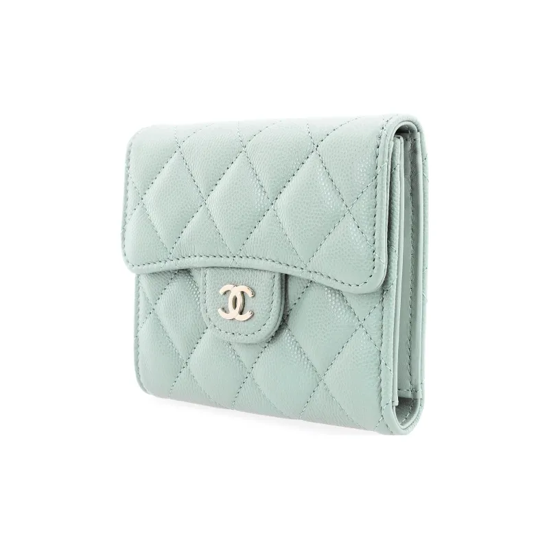 CHANEL Classic Flap CF Shiny Litchi Grain Cow Leather Wallet Trumpets Women's Gray Green-1