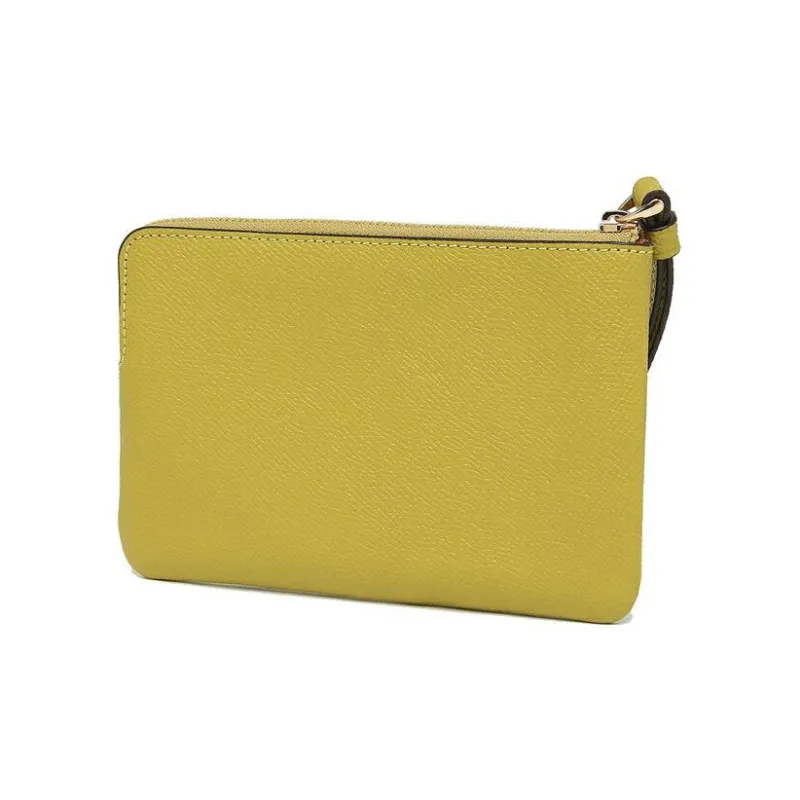 COACH Wristlet Cross-Stitch Leather Wallet Card Holder Clutch Wrist Bag Women's Yellow Green-2