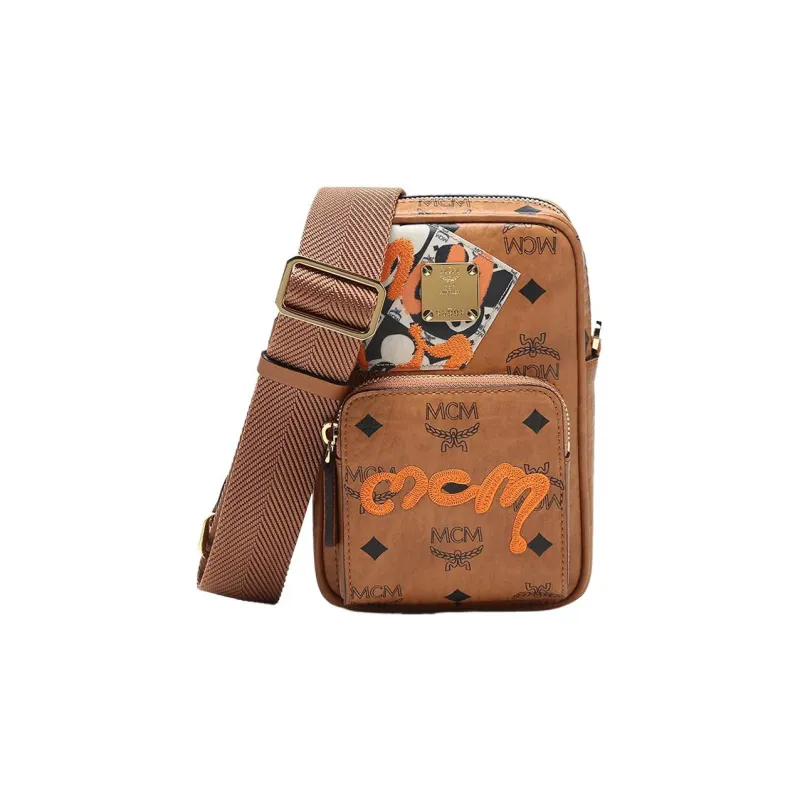 MCM Berlin Visetos Leather Paneled Canvas Shoulder Bag Crossbody Bag Mini Unisex Brown Cognac-0