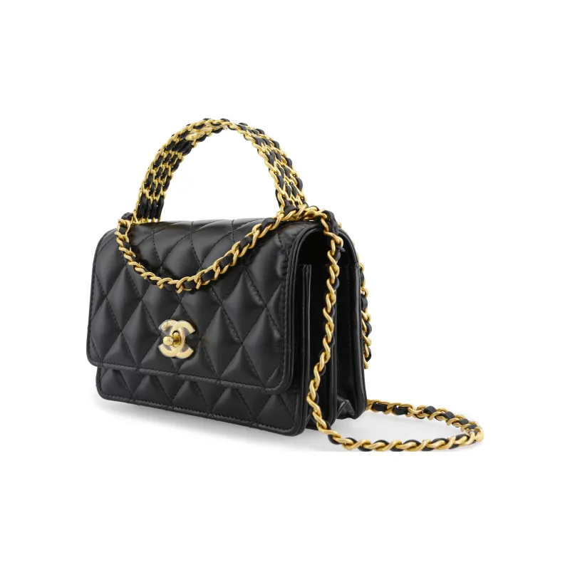 CHANEL 23P SS Glossy Leather Chain Bag, Handbag, Shoulder Bag, Crossbody Bag Trumpets Women's Black-1