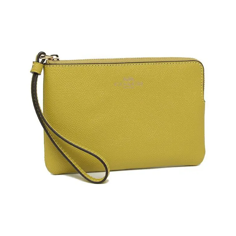 COACH Wristlet Cross-Stitch Leather Wallet Card Holder Clutch Wrist Bag Women's Yellow Green-1