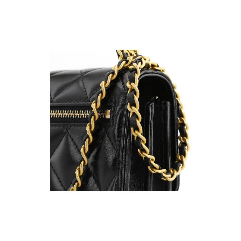 CHANEL 23P SS Glossy Leather Chain Bag, Handbag, Shoulder Bag, Crossbody Bag Trumpets Women's Black-4