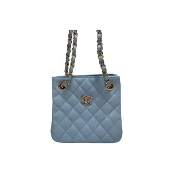 CHANEL Grained Embossed Cow Leather Tote Bag Crossbody Bag Shopping Bag Mini Women's Blue
