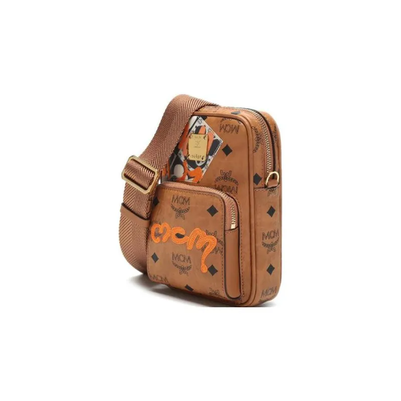 MCM Berlin Visetos Leather Paneled Canvas Shoulder Bag Crossbody Bag Mini Unisex Brown Cognac-1