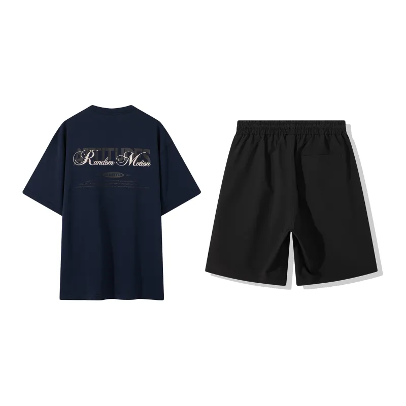 Lilbetter Casual Sportswear Unisex Clothing Set Navy Blue T Shirt+Black Shorts-1