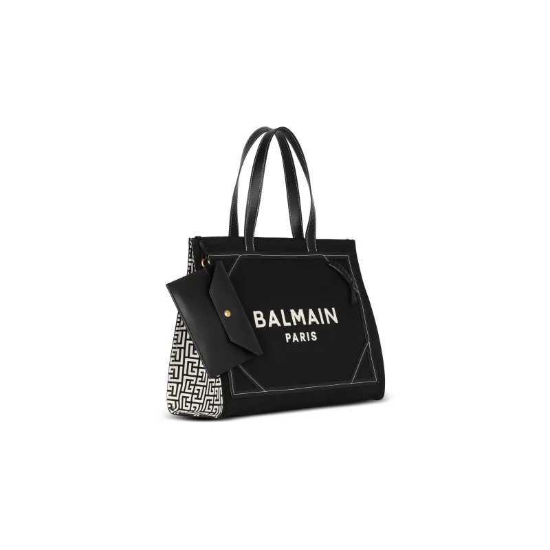 BALMAIN B ARMY Cotton With Calfskin Tote Bag, Shopping Bag, Handbag Women's Black-1