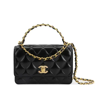 CHANEL 23P SS Glossy Leather Chain Bag, Handbag, Shoulder Bag, Crossbody Bag Trumpets Women's Black