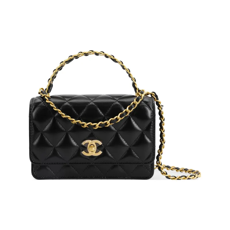 CHANEL 23P SS Glossy Leather Chain Bag, Handbag, Shoulder Bag, Crossbody Bag Trumpets Women's Black-0