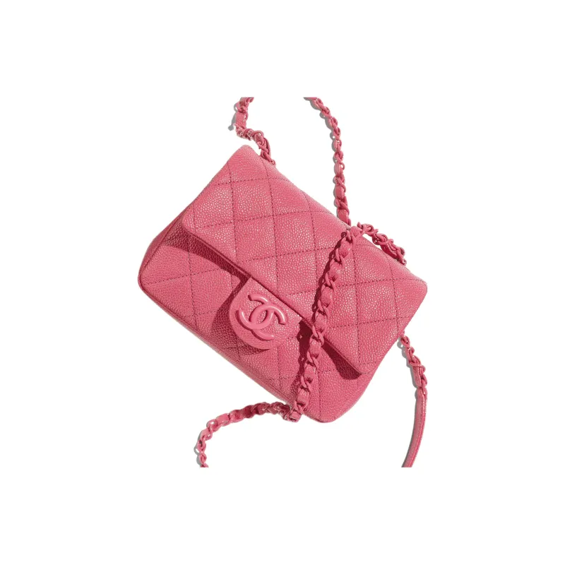 CHANEL Grain Embossed Litchi Grain Calfskin Mini Square Flap Bag With Shoulder Strap, Crossbody Bag Women's Pink-3