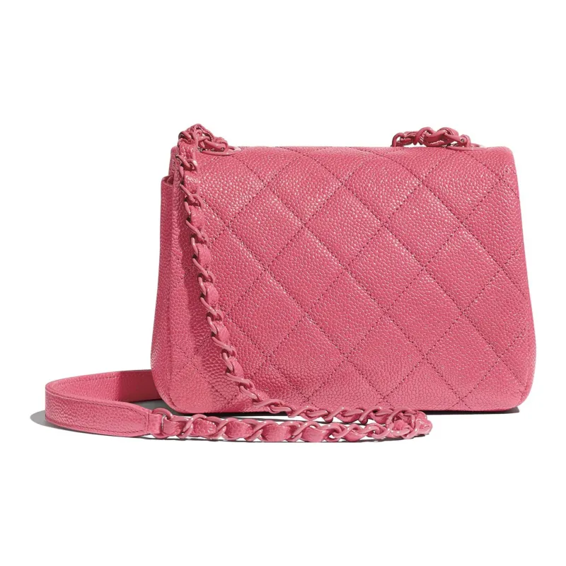 CHANEL Grain Embossed Litchi Grain Calfskin Mini Square Flap Bag With Shoulder Strap, Crossbody Bag Women's Pink-1