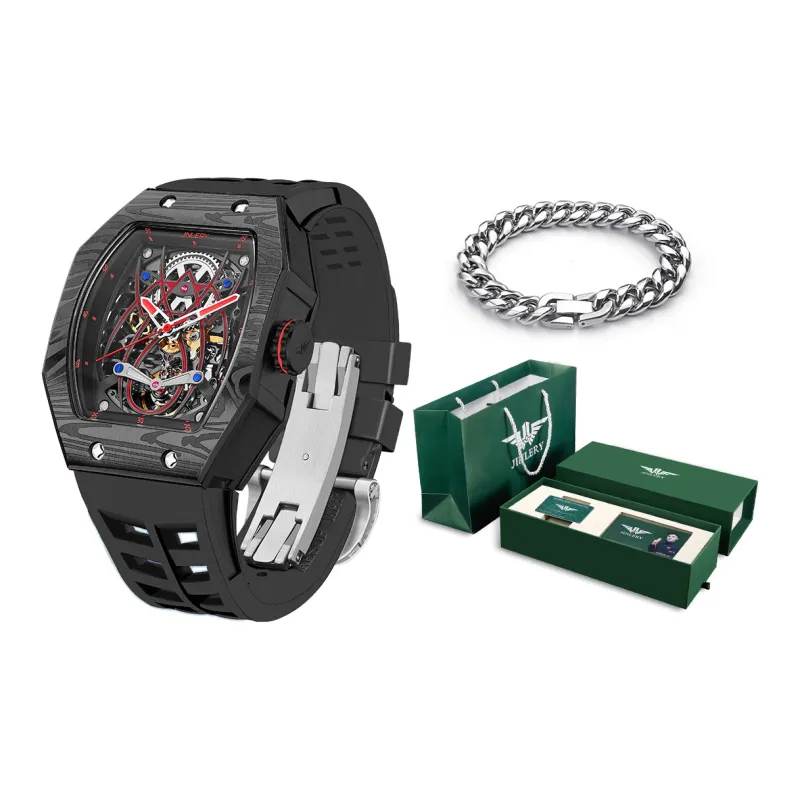 JINLERY Spider Collection Automatic Mechanical Movement Silicone Strap Watch Men's Watches Black Dial-0