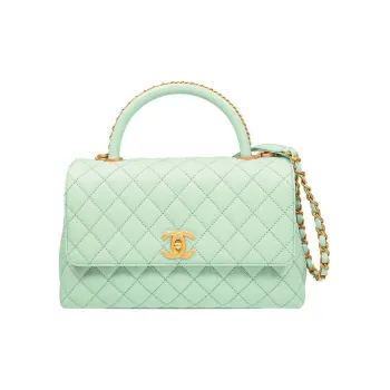 CHANEL COCO Handle Litchi Grain Cow Leather Handbag Shoulder Bag Crossbody Bag Medium Size Women's Green