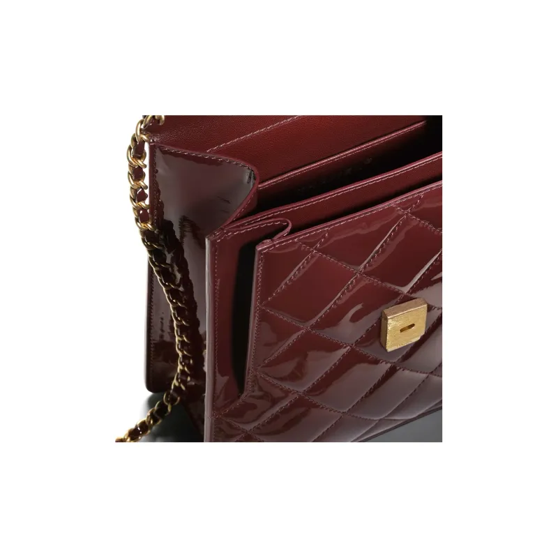 CHANEL Calf Patent Leather Flap Bag, Crossbody Bag, Shoulder Bag Trumpets Women's Burgundy-2