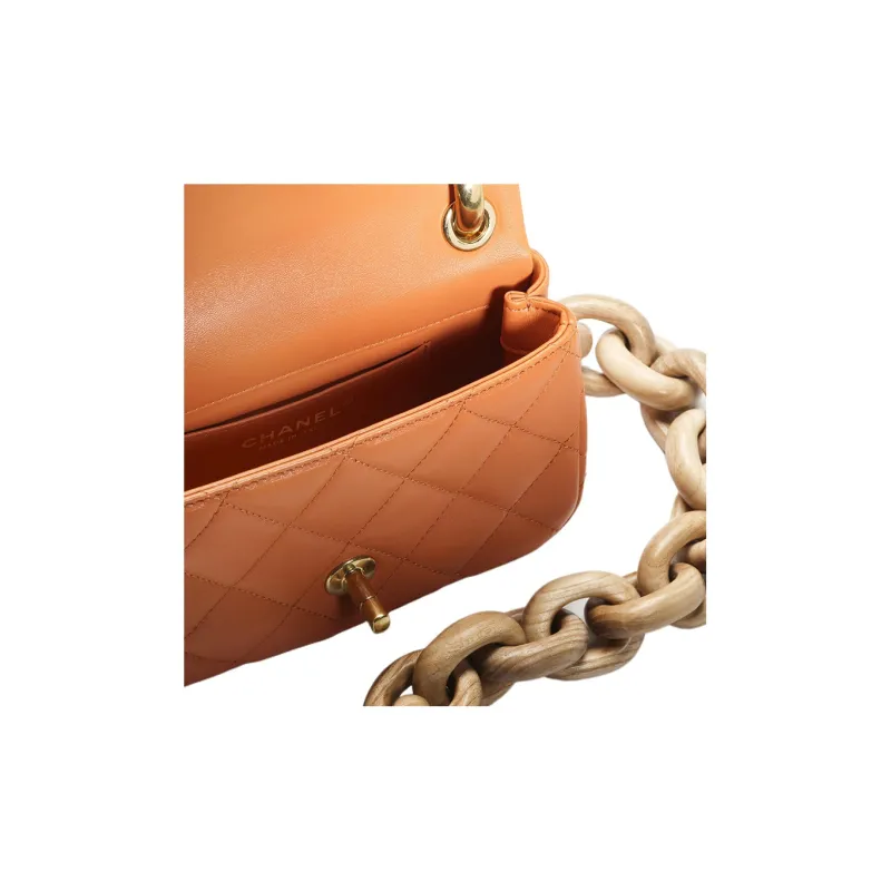 CHANEL Lambskin & Ash Wood Flap Bag, Shoulder Bag, Crossbody Bag Women's Orange-3