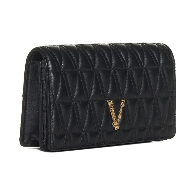 VERSACE Virtus Sheepskin One Shoulder Crossbody Clutches Women's Black-2
