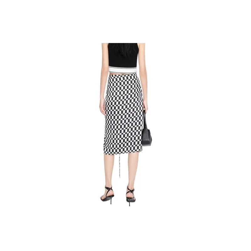 MO&CO Casual Long Skirts Women's Black White Plaid-0