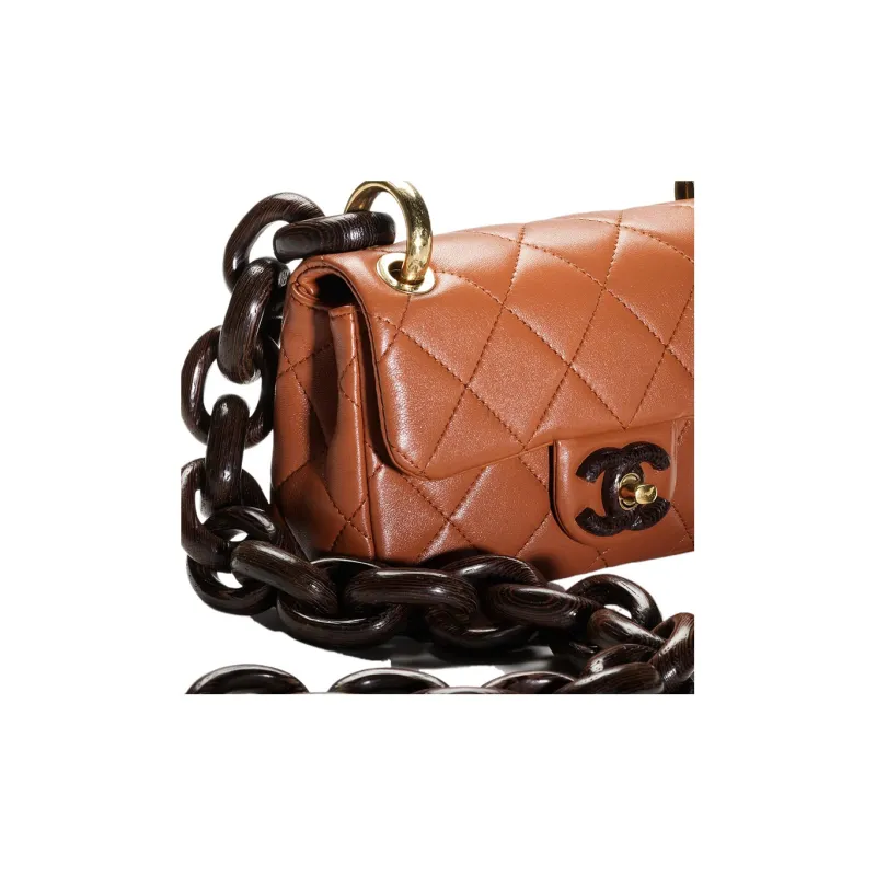 CHANEL Lambskin With Wenge Wood Shoulder Bag, Crossbody Bag Mini Women's Light Brown-3