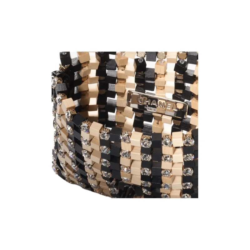 CHANEL Wooden Rhinestone Puzzle Shoulder Bag, Crossbody Bag Mini Women's Black/Beige-3
