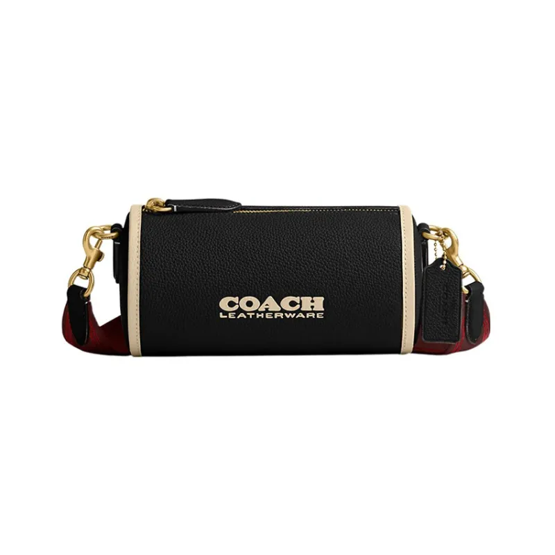 COACH Barrel Pebbled Leather Cylinder Bag Shoulder Bag Crossbody Bag Large Size Women's Black-0