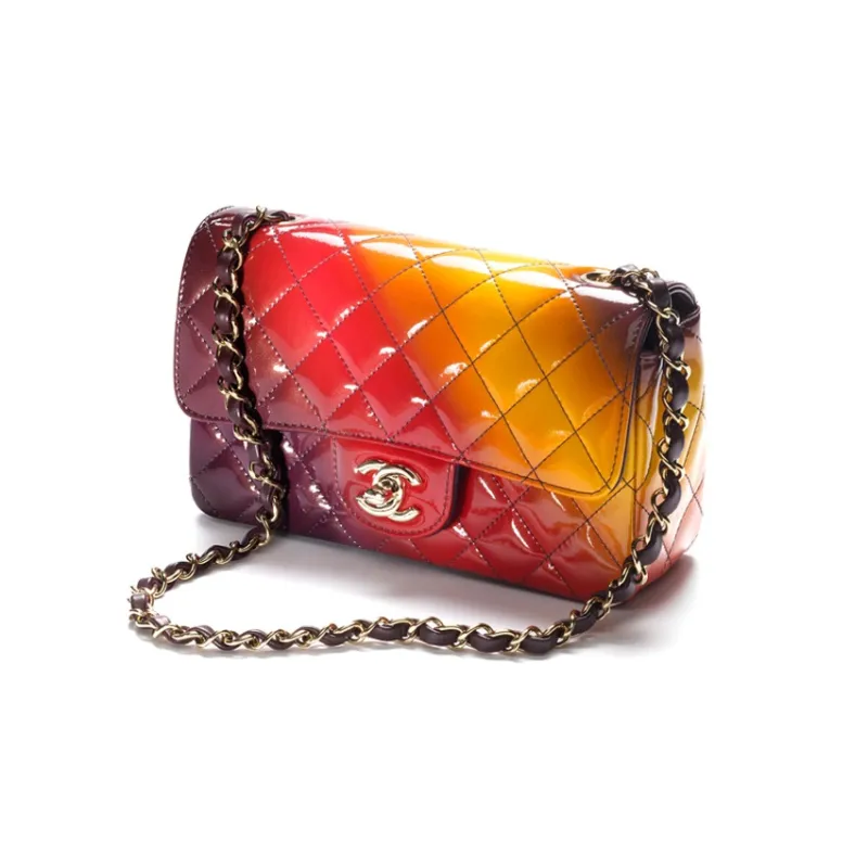 CHANEL Calf Patent Leather Flap Bag, Shoulder Bag, Crossbody Bag Women's Red/Yellow/Dark Purple-1