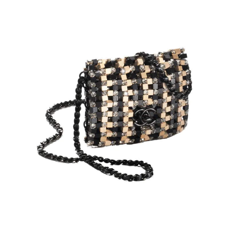 CHANEL Wooden Rhinestone Puzzle Shoulder Bag, Crossbody Bag Mini Women's Black/Beige-1
