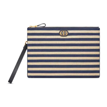 DIOR Caro Raffia Grass Clutch Large Size Women's Natural/Denim Blue