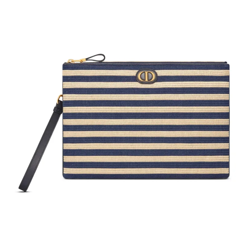 DIOR Caro Raffia Grass Clutch Large Size Women's Natural/Denim Blue-0