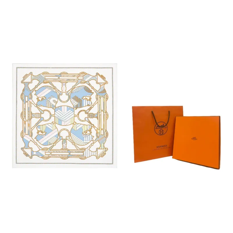 HERMES Silk Scarves Women's White/Sky Blue/Sulfur Yellow-0