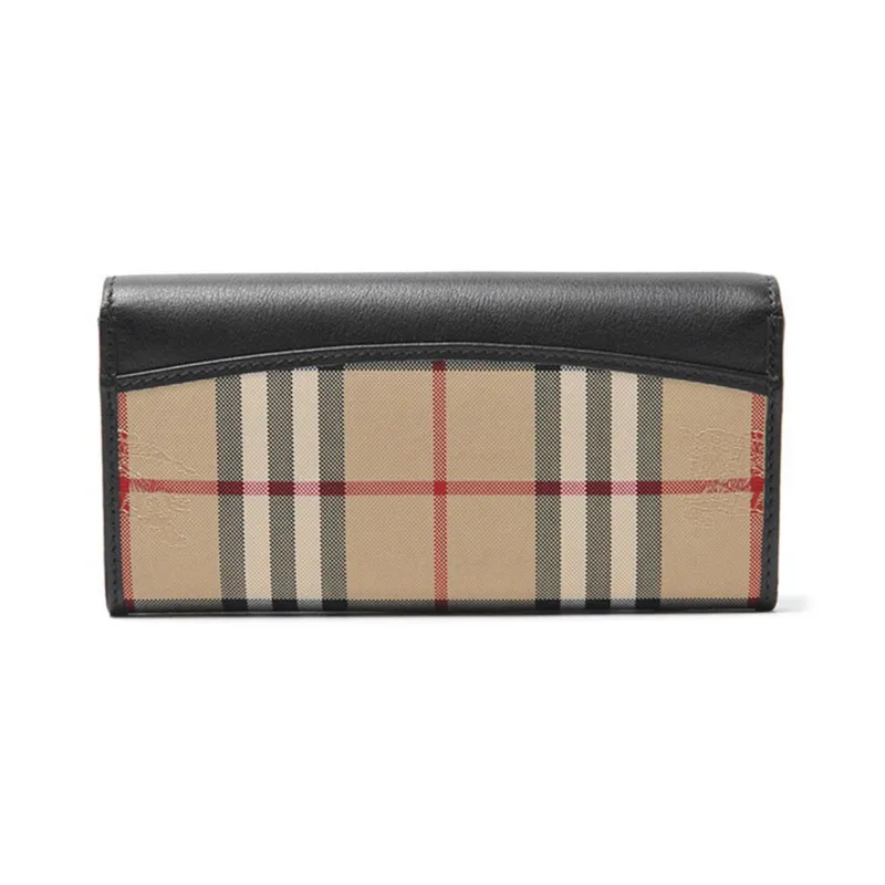 Burberry Leather Card Holder Long Wallet Unisex Black/Khaki-1