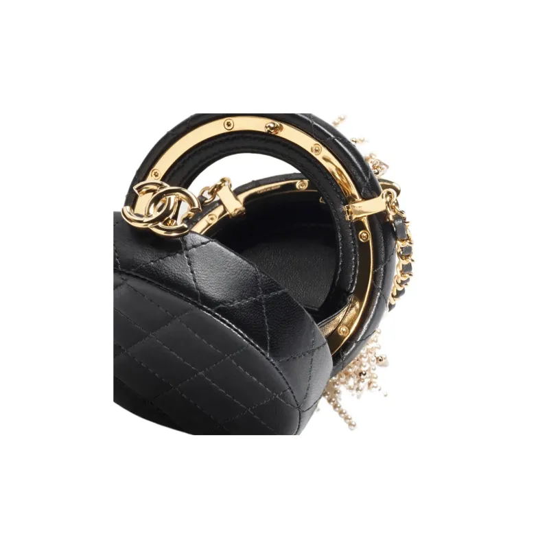 CHANEL Lambskin Glazed Pearls Rhinestone Evening Bag, Shoulder Bag, Crossbody Bag Women's Black/White/Gold-3