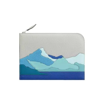 HERMES Zip Tablet Cow Leather Tablet Protective Case Laptop Bag Men's Gray/Blue
